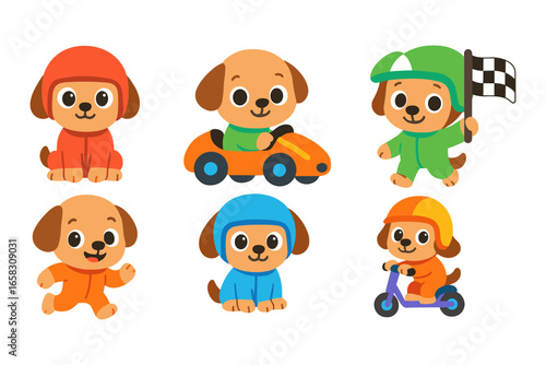 Cute cartoon dogs in racing outfits and activities