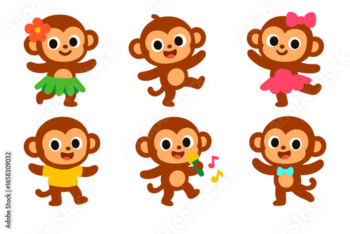 Cute cartoon monkeys with costumes and accessories for kids' designs