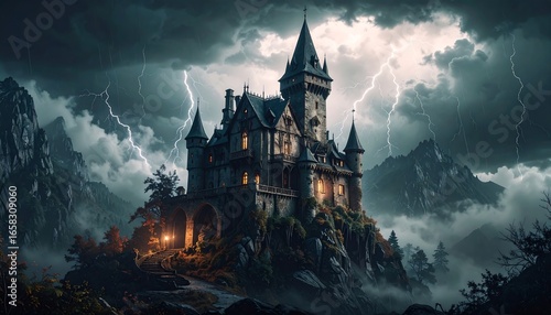 Dramatic Lightning Strikes Over a Spooky Castle Perched on a Mountain