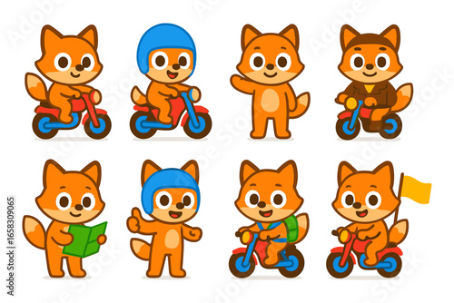 Cute cartoon fox characters biking and exploring in various outfits and activities