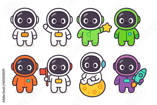 Cute cartoon astronauts in colorful space suits with fun accessories