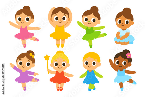 Adorable cartoon ballerinas dancing in colorful costumes