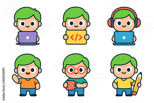 Cute cartoon characters engaged in computer and creative activities