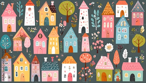 Cute colorful houses and trees