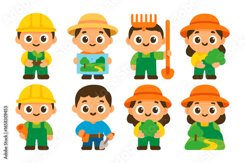 Cute cartoon farmers and gardeners with tools and plants in various outfits