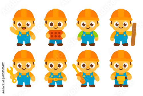 Cute cartoon construction workers in various poses with tools and equipment