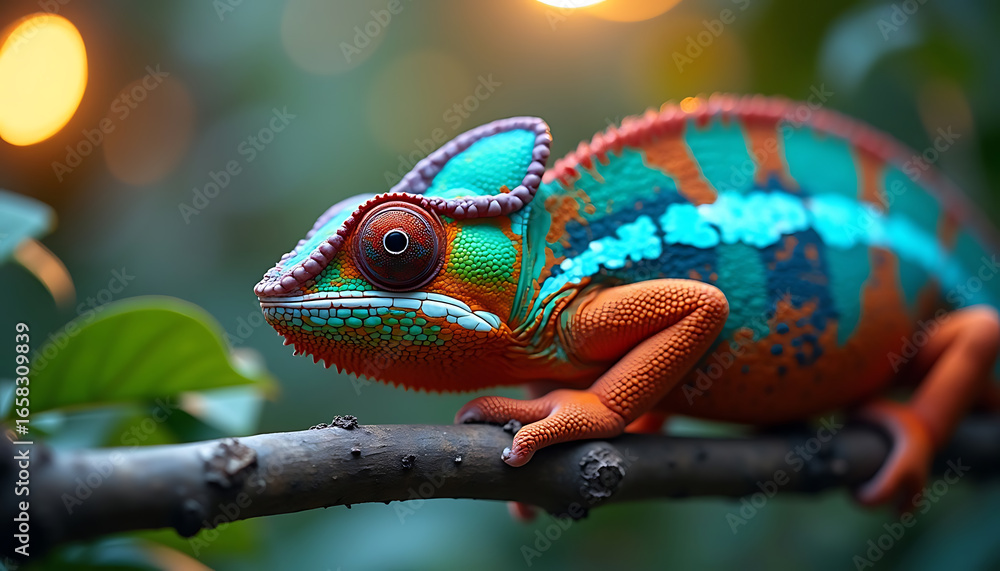 Fototapeta premium Vibrant Chameleon on a Branch in a Nature Setting Digital Art Reptile Wildlife Photography