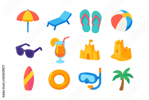 Summer icons: beach essentials with sunscreen, sandcastle, and flip flops
