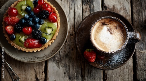 Wallpaper Mural Fruit tart with mixed berries and a cup of coffee on a wooden table Torontodigital.ca