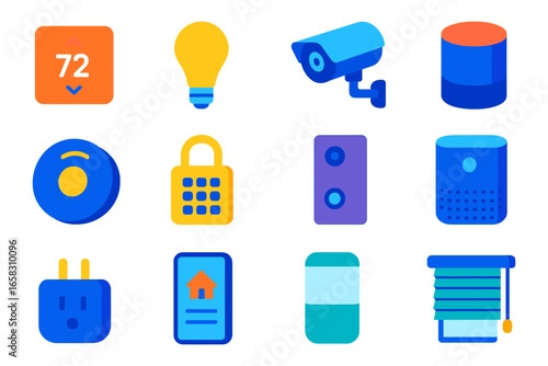 Modern smart home devices in vibrant flat design for tech automation and security concepts
