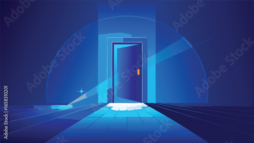 An open door emits a warm glow, with the word opportunity prominently displayed, symbolizing new possibilities..eps