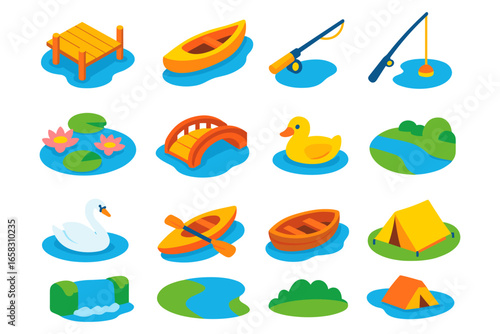 Colorful summer lake icons with boats, ducks, and tents in isometric style