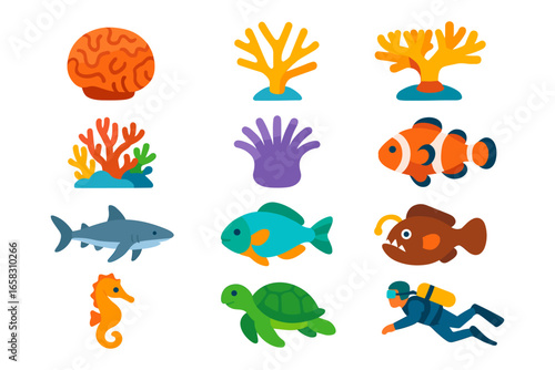 Colorful underwater marine life with coral fish and diver in flat style