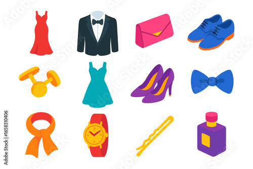 Fashion and accessories icons set: clothing, shoes, and accessories illustrations