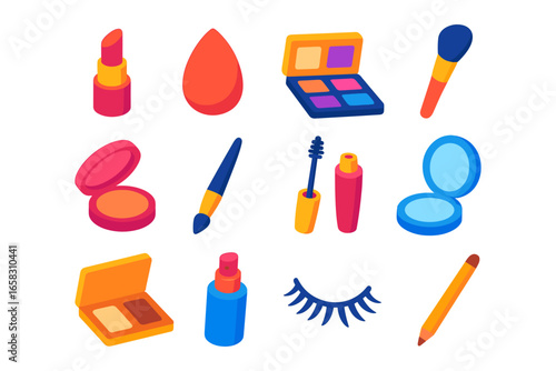 Colorful isometric makeup collection: lipstick, brushes, and palette essentials