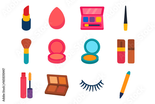 Colorful makeup essentials featuring lipstick and brushes in flat design