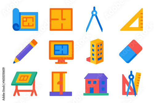 Colorful architectural tools and plans set for designing and drafting projects