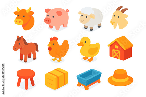 Colorful farm animals and objects set in isometric style for kids