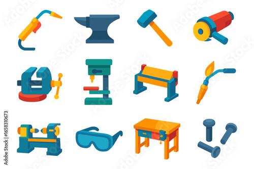 Colorful industrial tools collection: welding, carpentry, and machining equipment icons