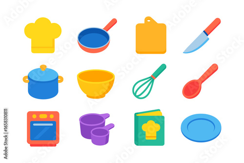 Colorful kitchen tools set: pots, pans, and utensils for cooking enthusiasts