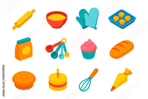 Colorful baking utensils and ingredients set in isometric style for kitchen crafting