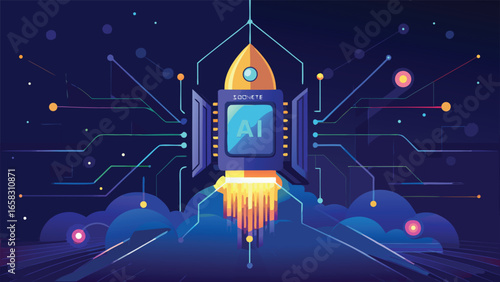 A vision of the future featuring AI technology, including autonomous vehicles and smart city infrastructure..eps