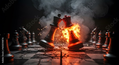 Dynamic chess game with queen and king engulfed in flames conveys intense competition and strategic conflict for use in business, finance, and political campaigns