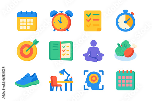 Colorful flat icons of wellness and productivity for healthy lifestyle goals