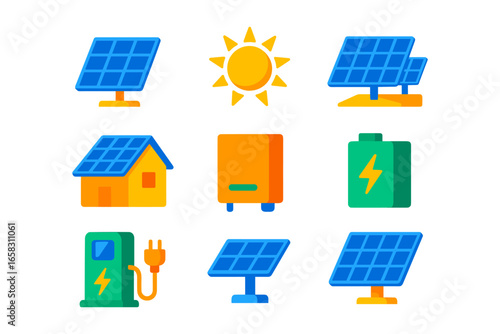 Renewable energy icons: solar panels, batteries, and charging stations in flat design