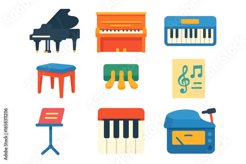 Colorful flat design musical instrument icons set for creative projects