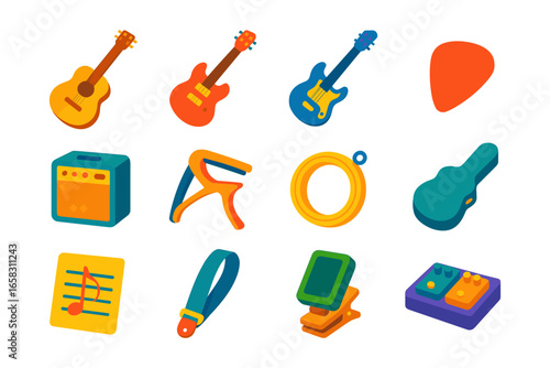 Colorful musical instrument icons: guitars, accessories, and amplifiers