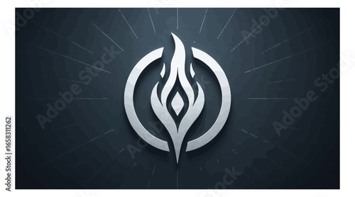 Vector art of a striking logo design showcasing a stylized flame encircled by a radiant halo, presented in a metallic silver finish against a dark backdrop, conveying a sense of energy and innovation