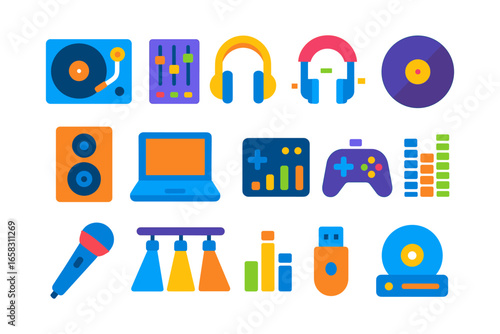 Colorful flat music and technology icons featuring instruments and gadgets