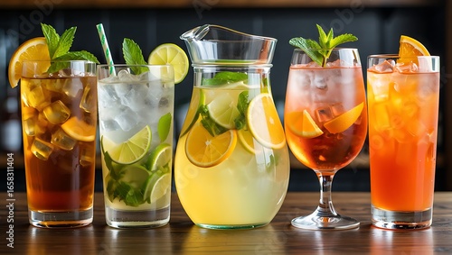 A refreshing assortment of colorful iced beverages including a pitcher of lemonade and various cocktails garnished with fruit and mint