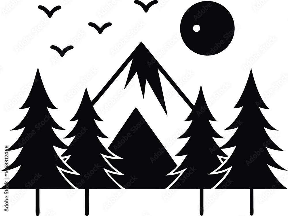Obraz premium Stylized black and white landscape with mountains trees birds and sun
