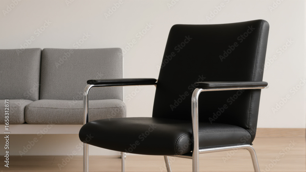 Obraz premium Modern armchair and sofa in minimalist interior. Stylish furniture for living room design.