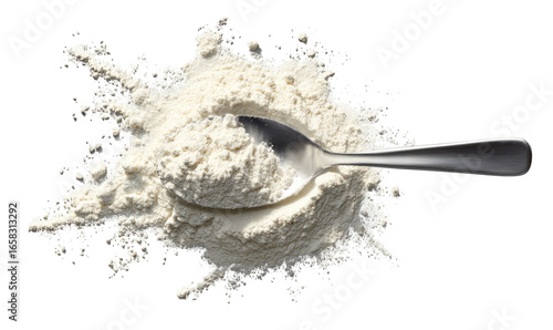 A metal spoon filled with flour, surrounded by a splatter of flour