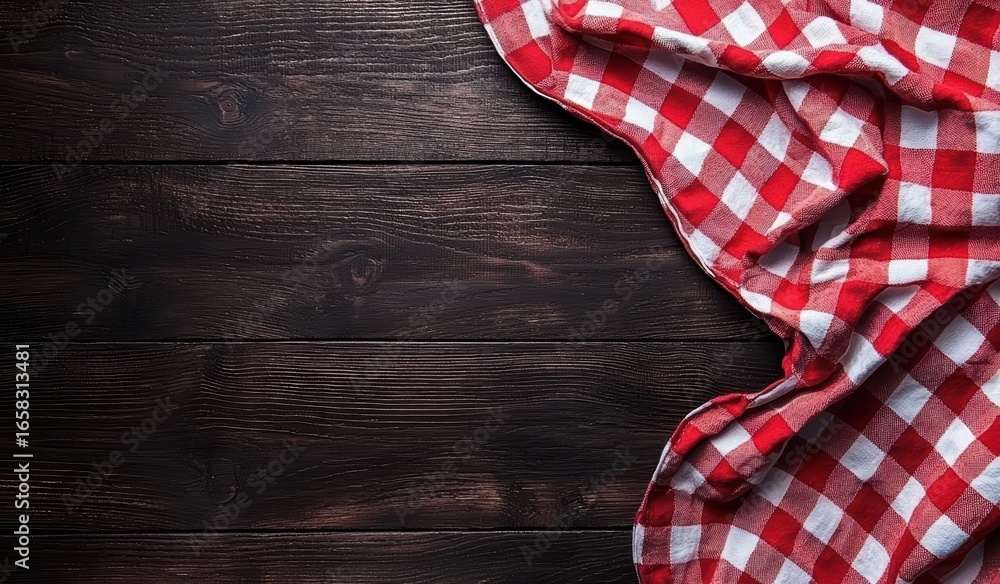 Fototapeta premium Red and White Checkered Tablecloth on Dark Wooden Table Surface