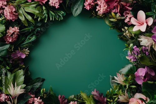Vibrant Floral Frame Arrangement with Green Background and Leaves
