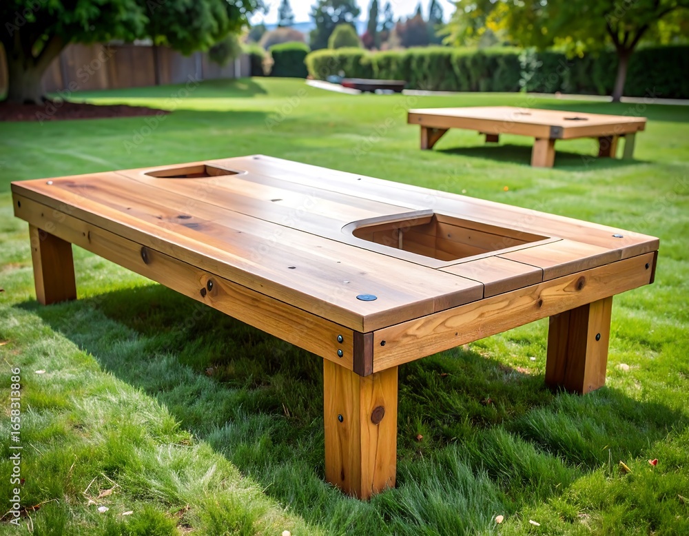 Fototapeta premium Wooden outdoor game table in grassy area