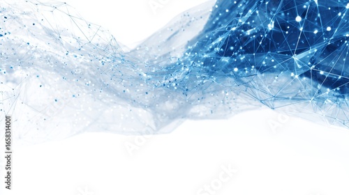 Abstract white and blue futuristic technology background with dynamic digital network connections, glowing circuit lines, modern data communication pattern, and high-tech innovation poster design