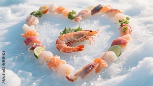 Heart-shaped arrangement of seafood and vegetables on ice