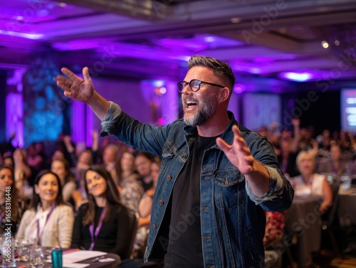 Motivational speaker engaging with an audience in a lively conference setting