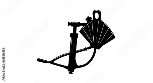 A monochrome image of a sextant, navigational tool, on a surface