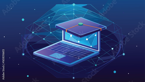 Online education concept featuring a laptop with a graduation cap placed on top, symbolizing learning and achievement..eps