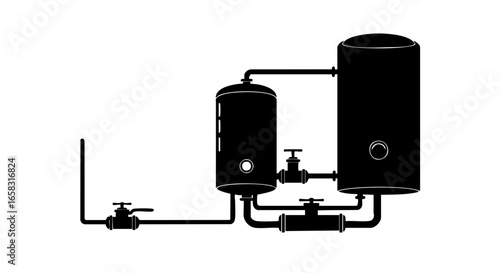 Industrial Illustration: System Components with Pipes, Tanks, and Valves.
