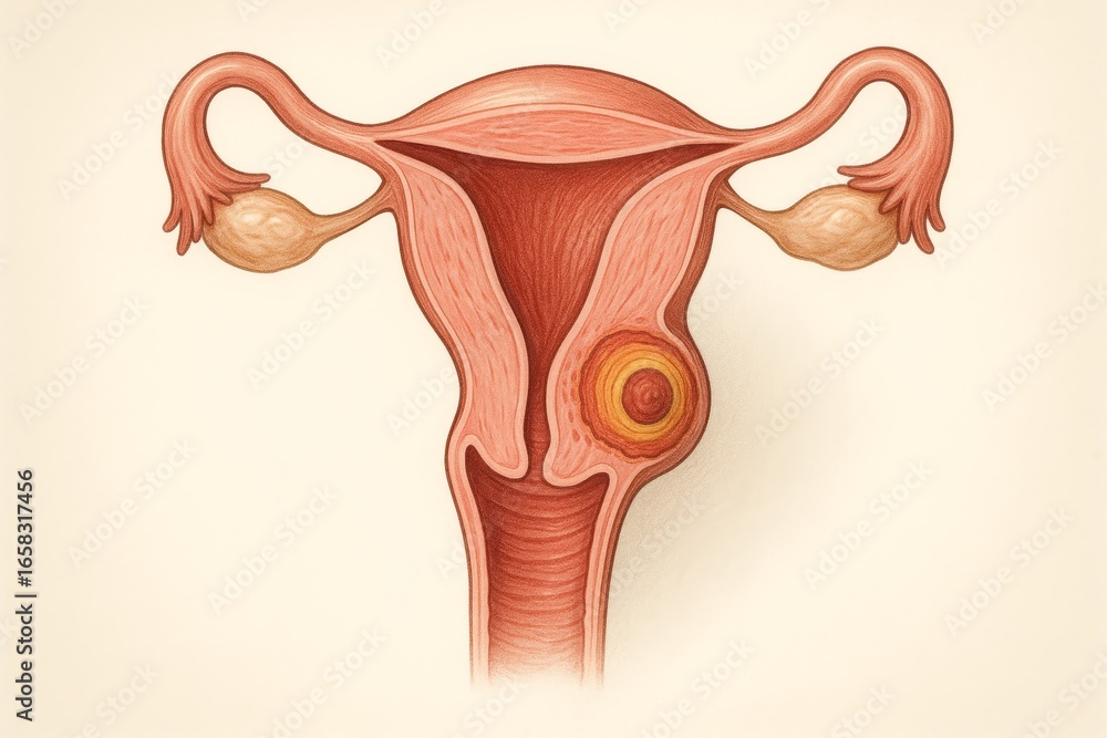 Obraz premium Sagittal anatomical section of uterus showing focal adenomyosis. Single adenomyotic nodule in posterior myometrium with concentric tissue zones. Endometrial cavity intact. Clean, medical visualization