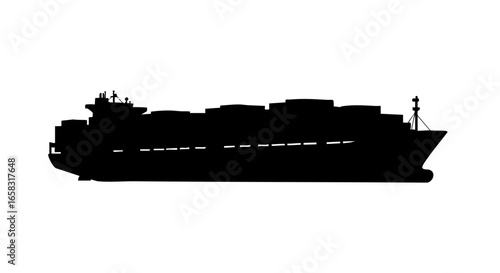 Silhouette of a large cargo ship carrying containers.