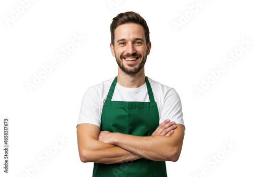 Smiling man wearing a green apron isolated on transparent background