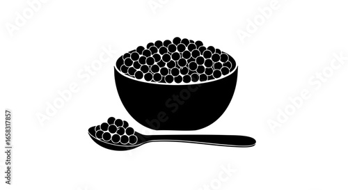 A simple silhouette of caviar served in a bowl with spoon. 
